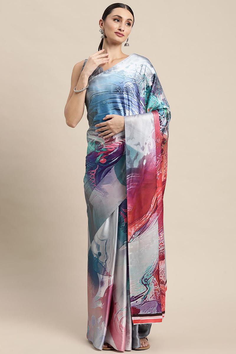 Multi Color Satin Printed Saree|SARV145502