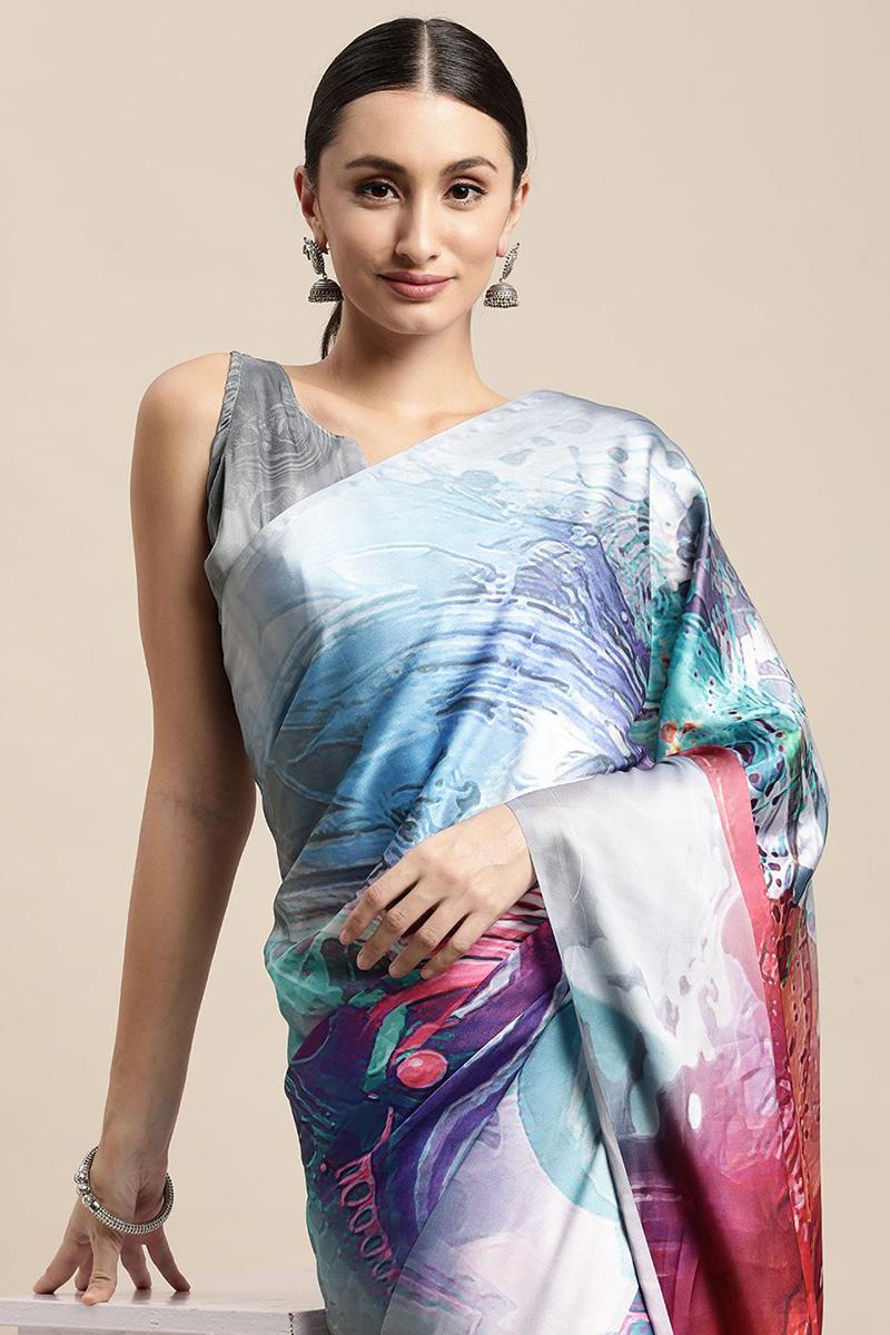 Multi Color Satin Printed Saree|SARV145502