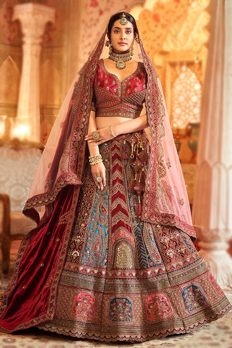 Multi Color Velvet Embroidered Wedding Wear Lehenga