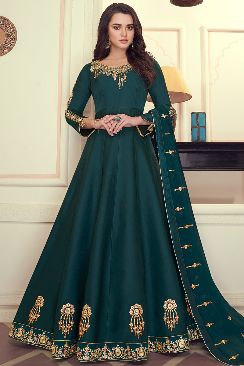 Buy Muslin Silk Party Wear Anarkali Suit In Dark Peacock Green Color Online LSTV05944 Andaaz Fashion