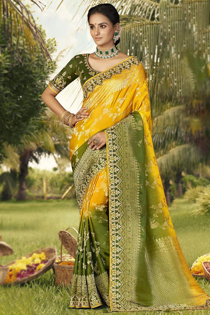 Green/Yellow Combo new Designer Vichitra Silk Sari And Satin Silk Blouse,Bollywood Sari,Designer Saree,Festival Wear Sari,Wedding Wear on sale Sari