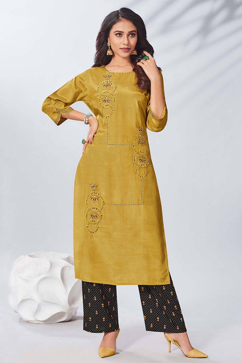 Mustard Color Khadi Cotton Kurti With Trouser Pant