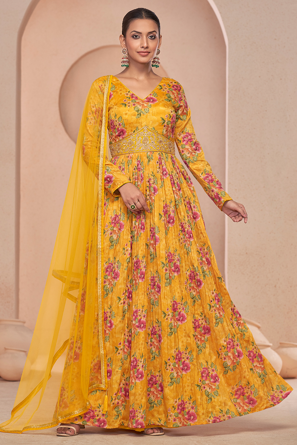 floral flowy dresses for women Apricot Bohemian floral mid-length flowy dress S main image 0