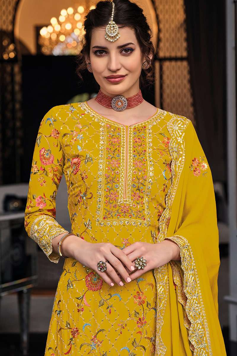 Yellow Festive Style Embroidered Chinnon Palazzo Suit