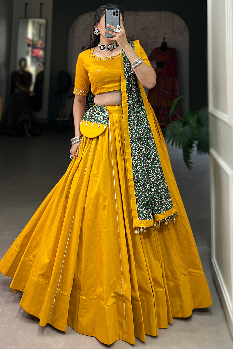 Mustard Yellow Cotton Gota Patti Embroidered Flared Lehenga Mustard Yellow Cotton Gota Patti Embroidered Flared Lehenga