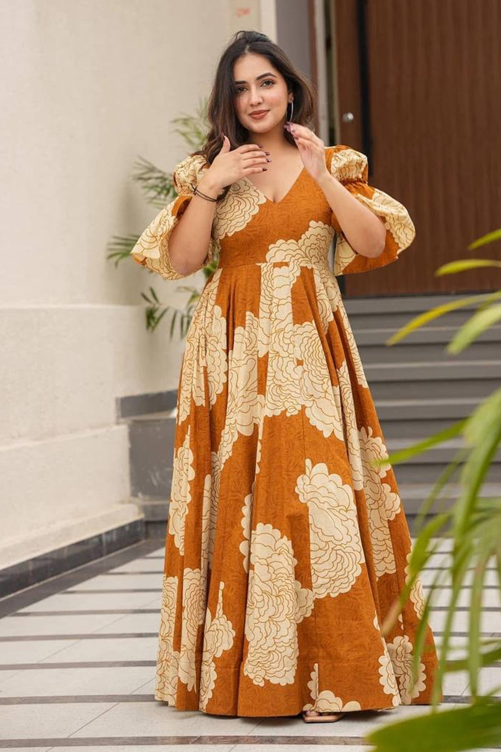 Mustard Yellow Cotton Printed A-Line Style Gown LSTV134660