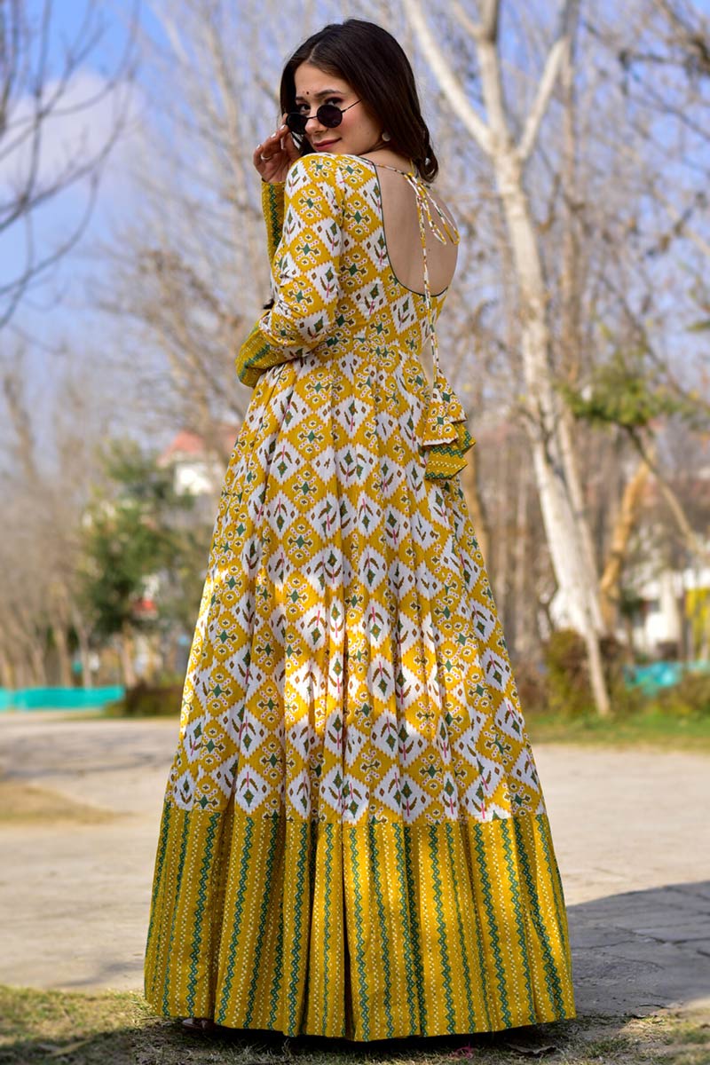 Buy Printed Cotton Mustard Yellow Gown LSTV117749