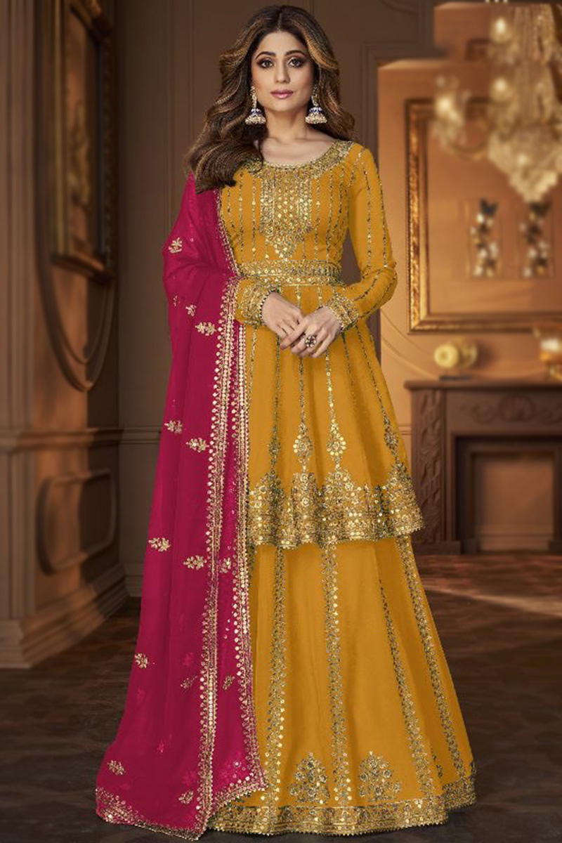 Andaaz Fashion Women's Mustard Yellow Georgette Embroidered Lehenga With Long Choli
