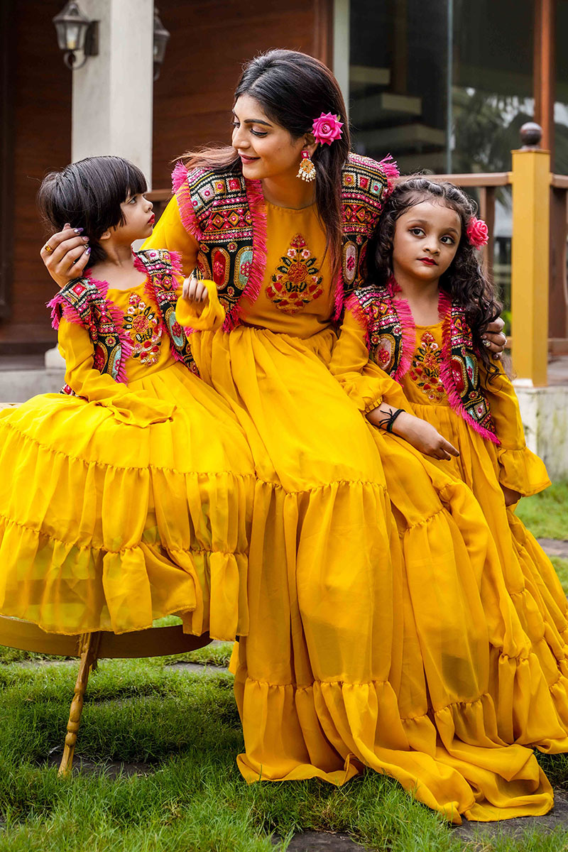 Mustard Yellow Georgette Embroidered Mother Daughter Duo Gown LSTV122978