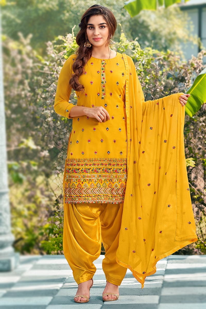 Buy Mustard Yellow Georgette Embroidered Patiala Salwar Suit ...