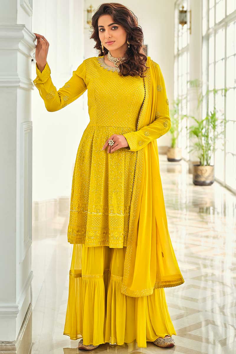 Buy Prom Plus Size Dress Georgette Mustard Yellow Sharara Suit