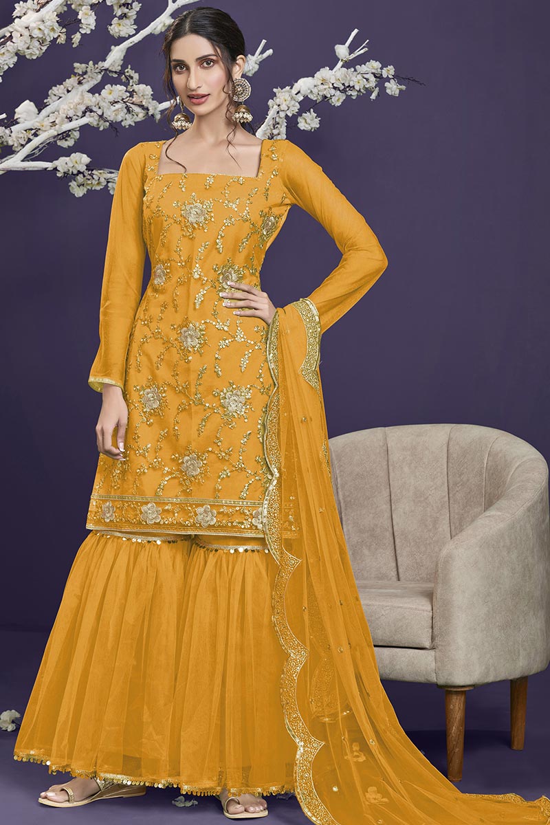 Yellow designer gown lengha Sharara Indian ethnic traditional wear Indian Suit Chania choli Party selling wear Yellow dress Wedding wear Function 8