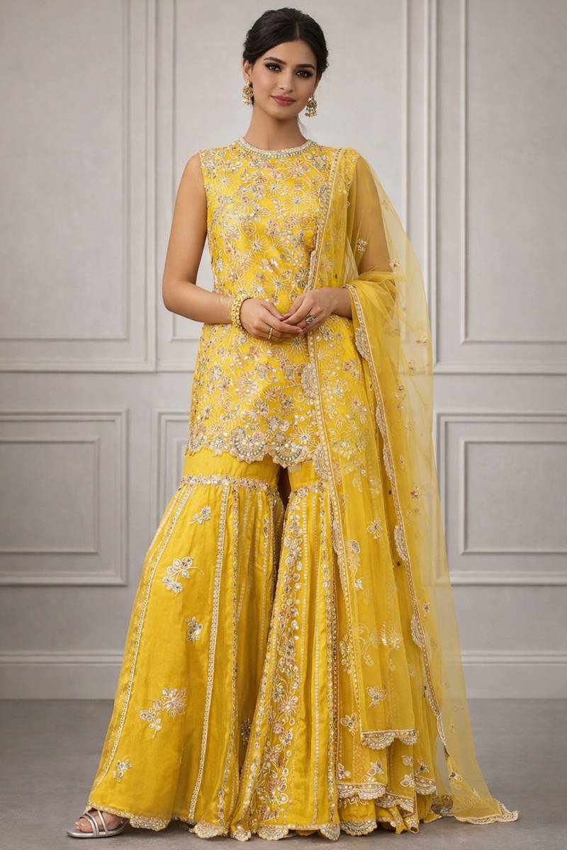 golden sharara dress Mustard Yellow Organza Embroidered Straight Cut Suit LSTV130100 Anita dongre