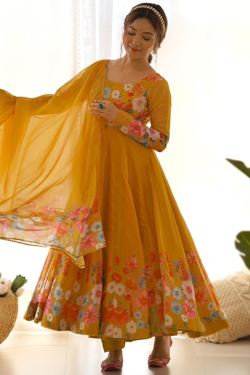 Mustard Yellow Organza Floral Print Anarkali Suit For Haldi LSTV131281