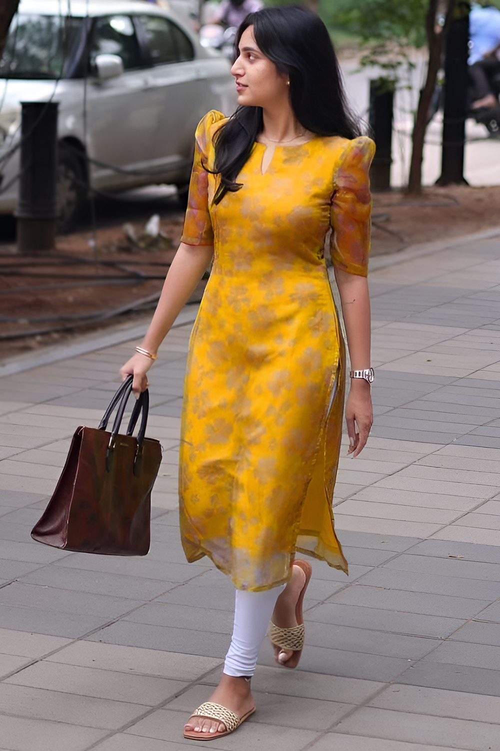 Mustard Yellow Organza Printed Straight Cut Kurti
