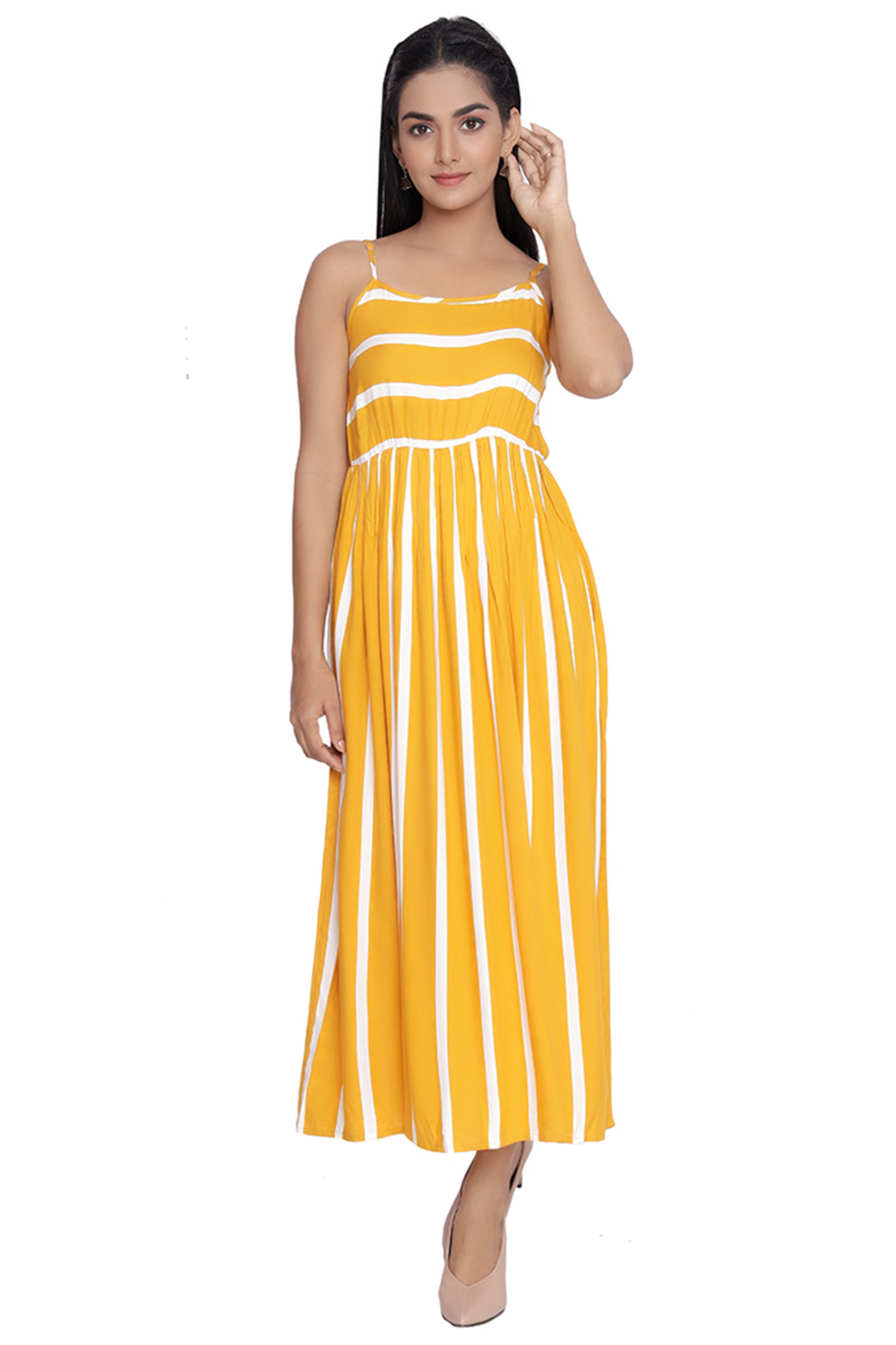 Mustard Yellow Rayon Frock Style Dress with Printed for Casual Wear