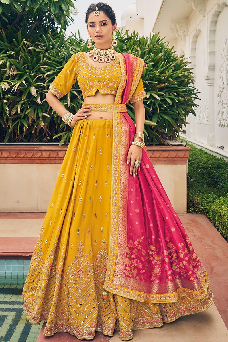 Mustard Yellow Resham Embroidered Silk Lehenga For Haldi