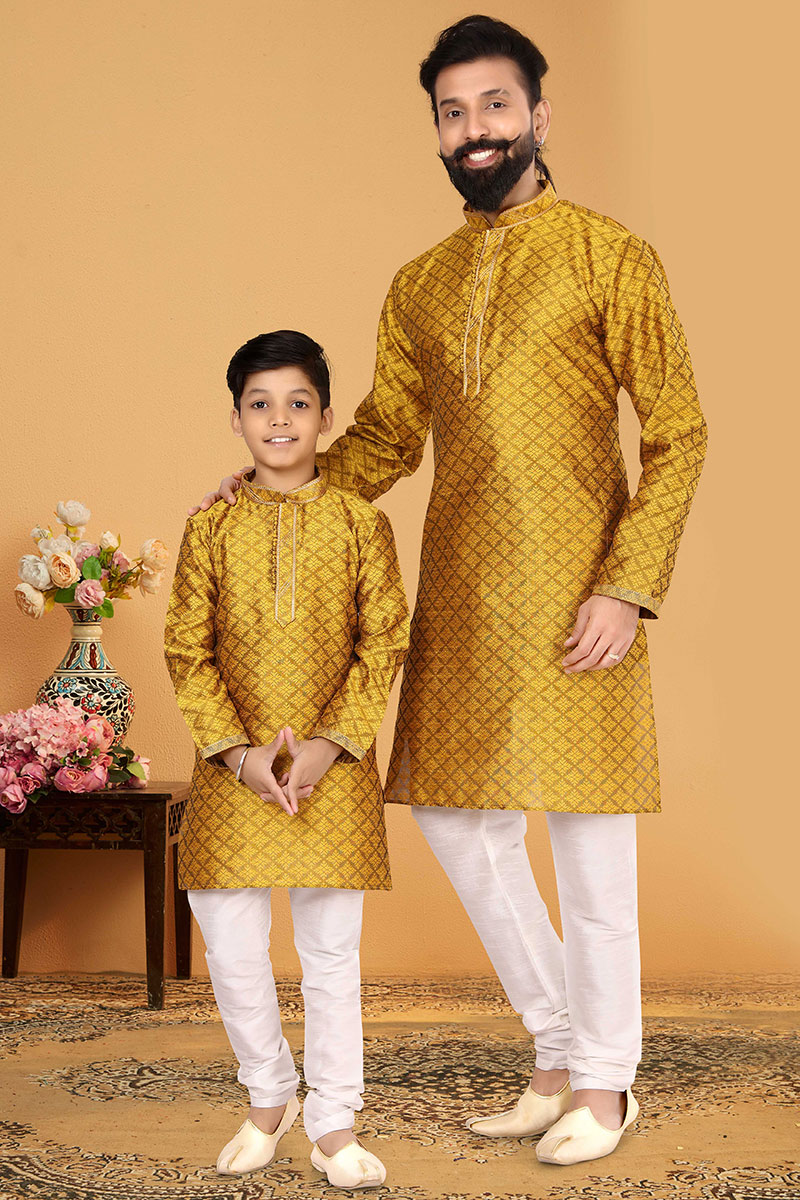 New Arrival Mustard Yellow Silk Father Son Duo Kurta Pajama MKPA02259