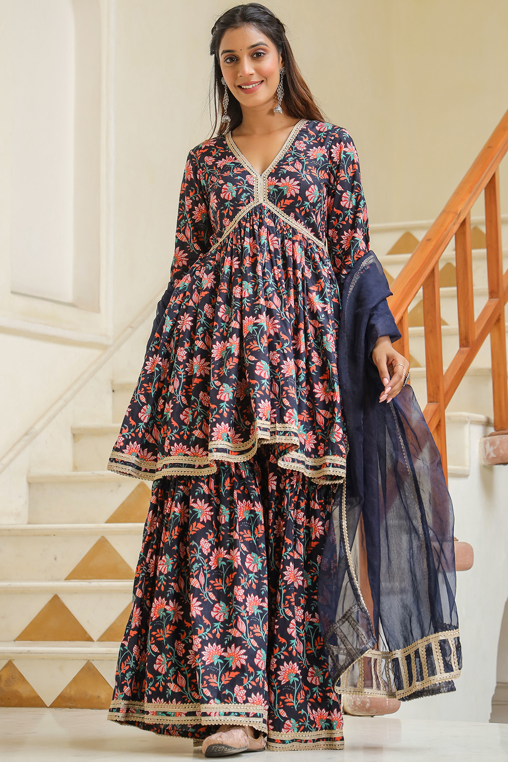 Navy Blue Cotton Printed Frock Style Sharara Suit LSTV136242