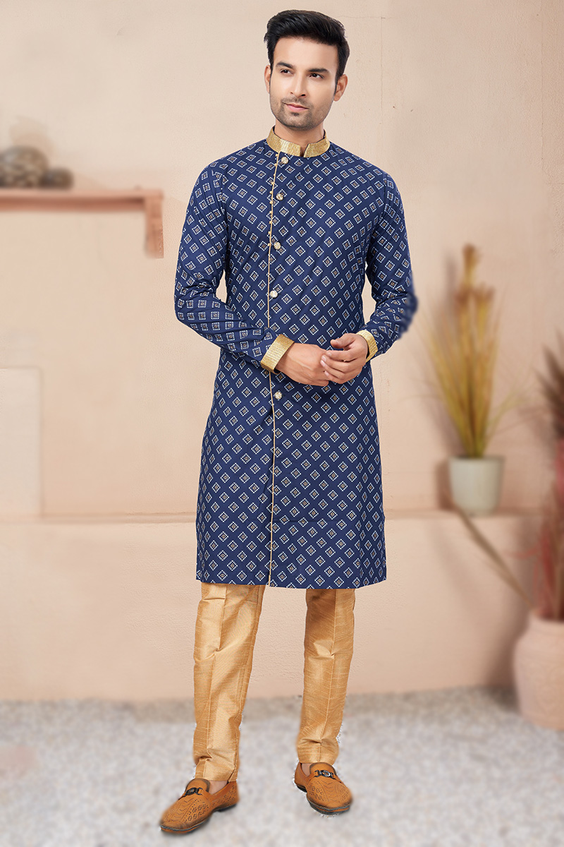 Buy Navy Blue Cotton Printed Indo-Western Men's Sherwani MSTV02961