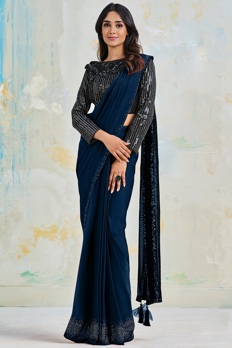 Navy Blue Crepe Satin Stone Embellished Fancy Saree SARV167306