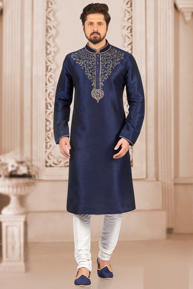 Men Kurta Pajama in Dupion Silk Navy Blue for Party