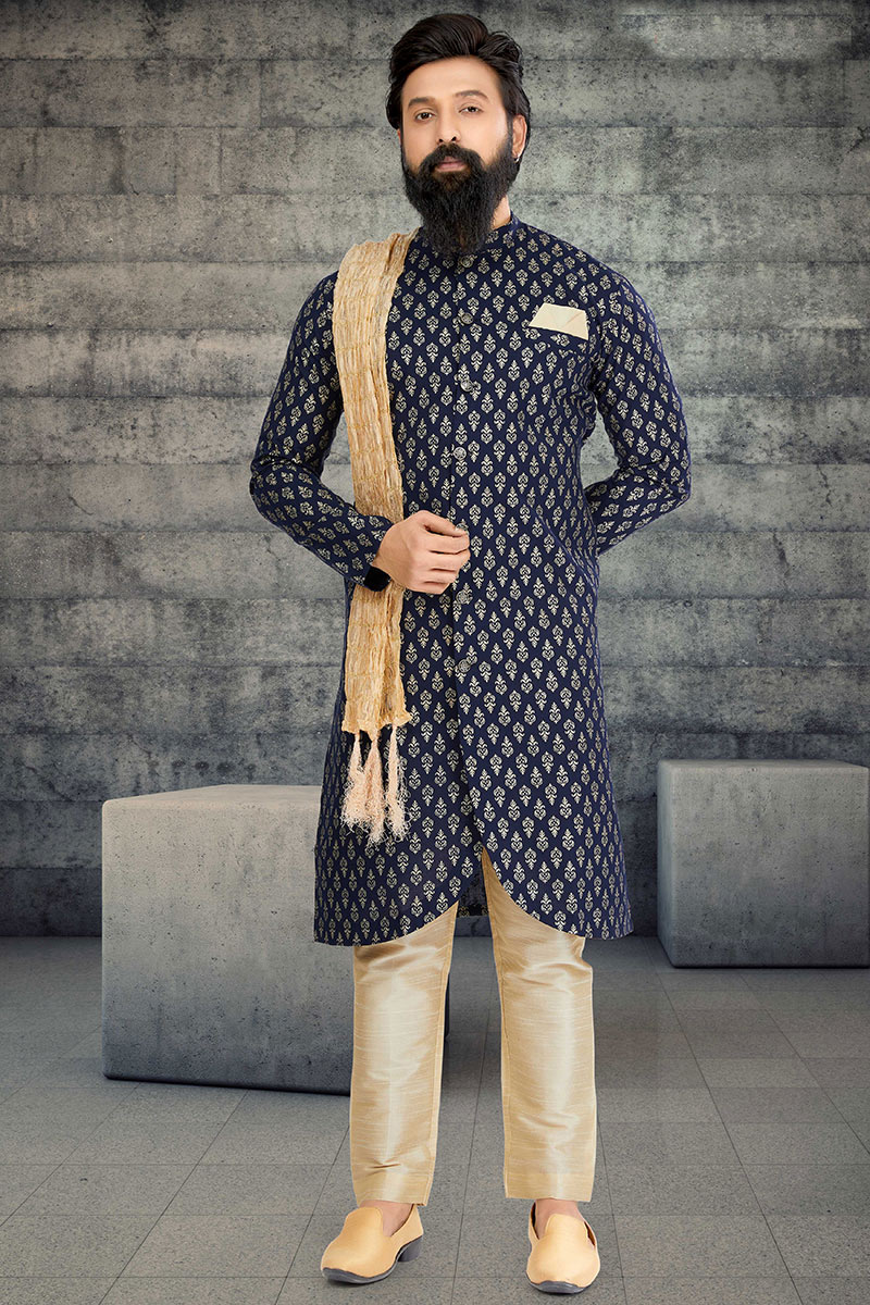 Navy Blue Foil Print Indo-Western Cotton Silk Men's Sherwani MSTV02806