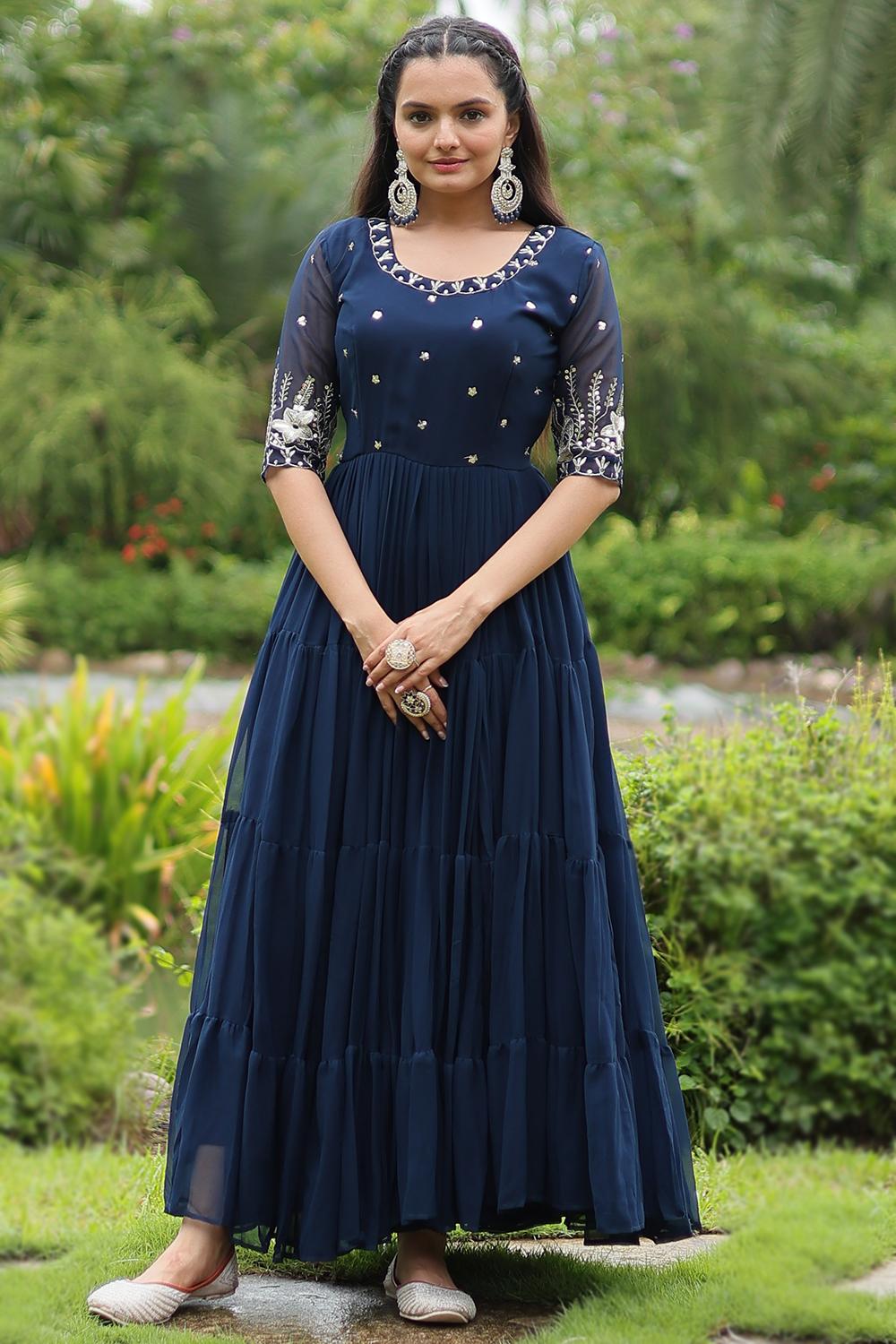Navy Blue Georgette Embroidered Anarkali Style Gown LSTV131165