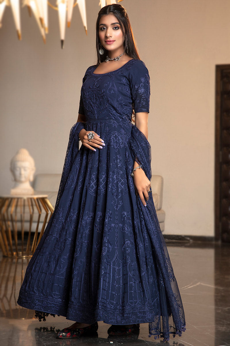 Popular Navy Blue Georgette Embroidered Gown LSTV117738