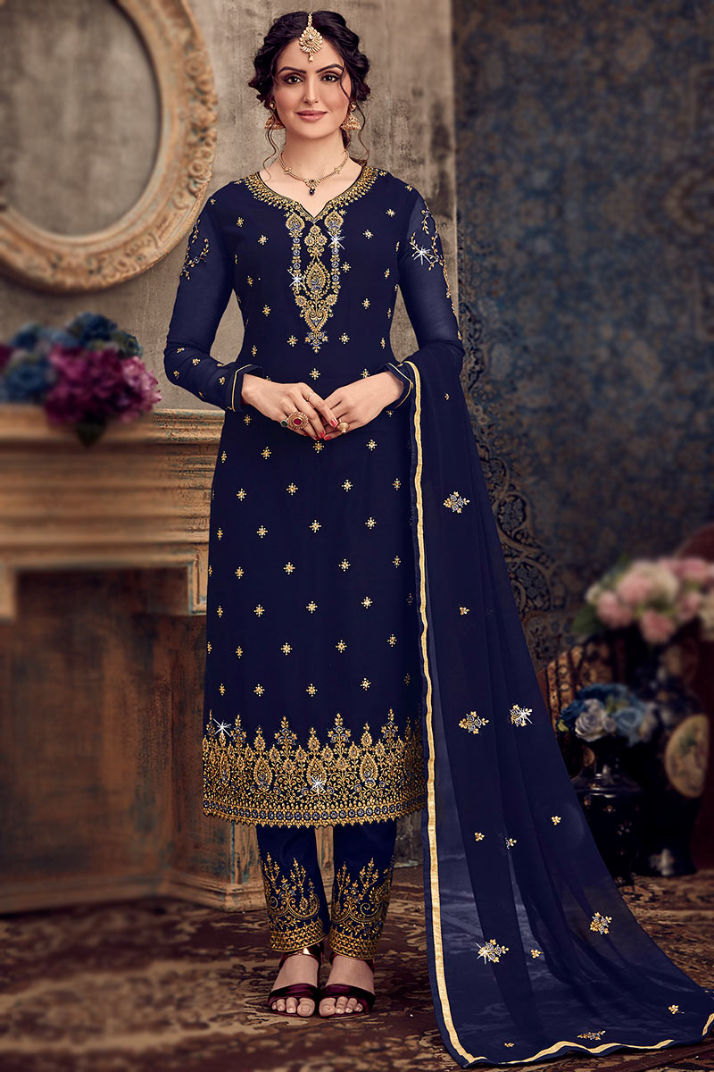 Navy Blue Traditional Georgette Trouser Suit for Wedding