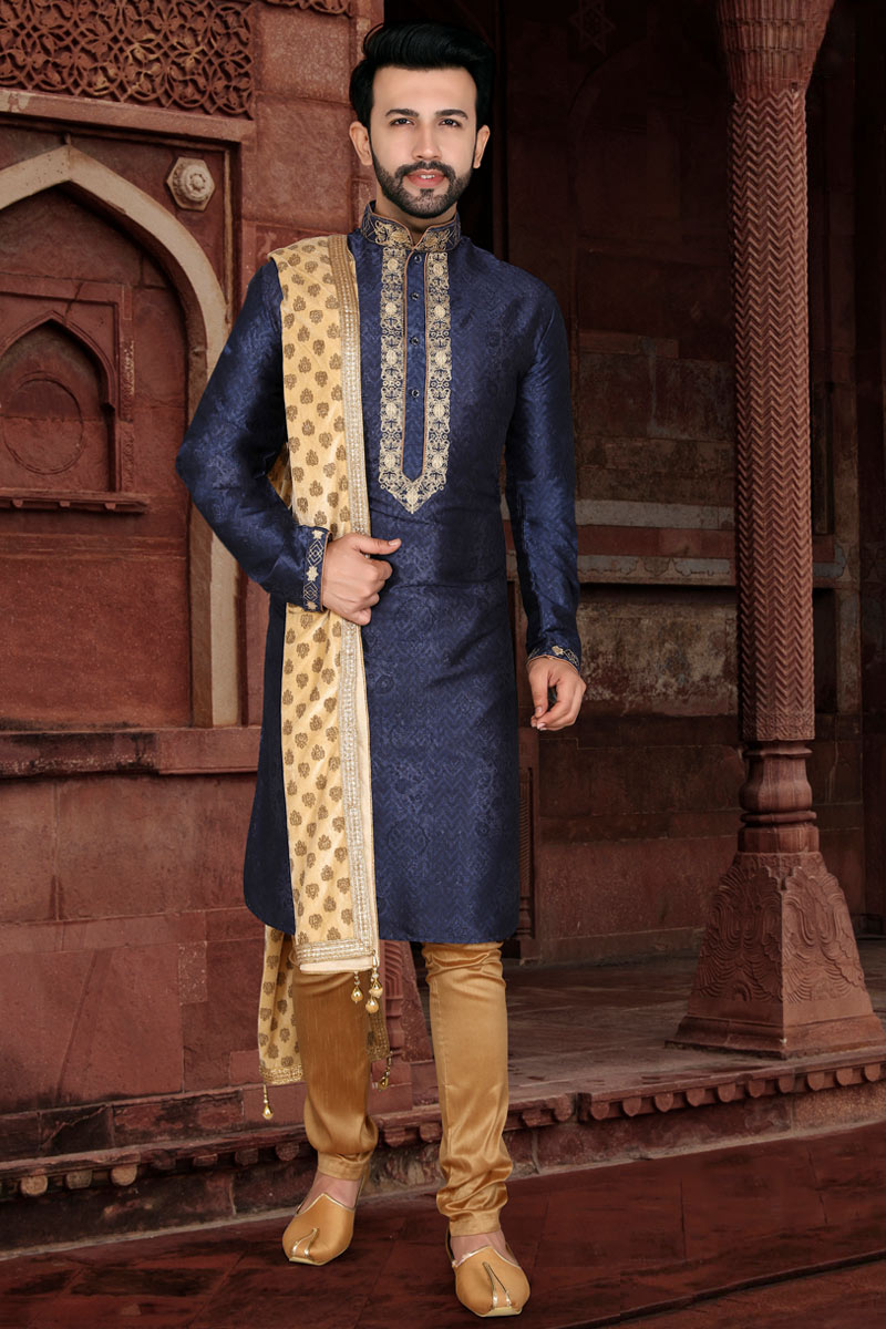 Partywear shops Designer Gold Banarasi Jacquard Kurta Pajama