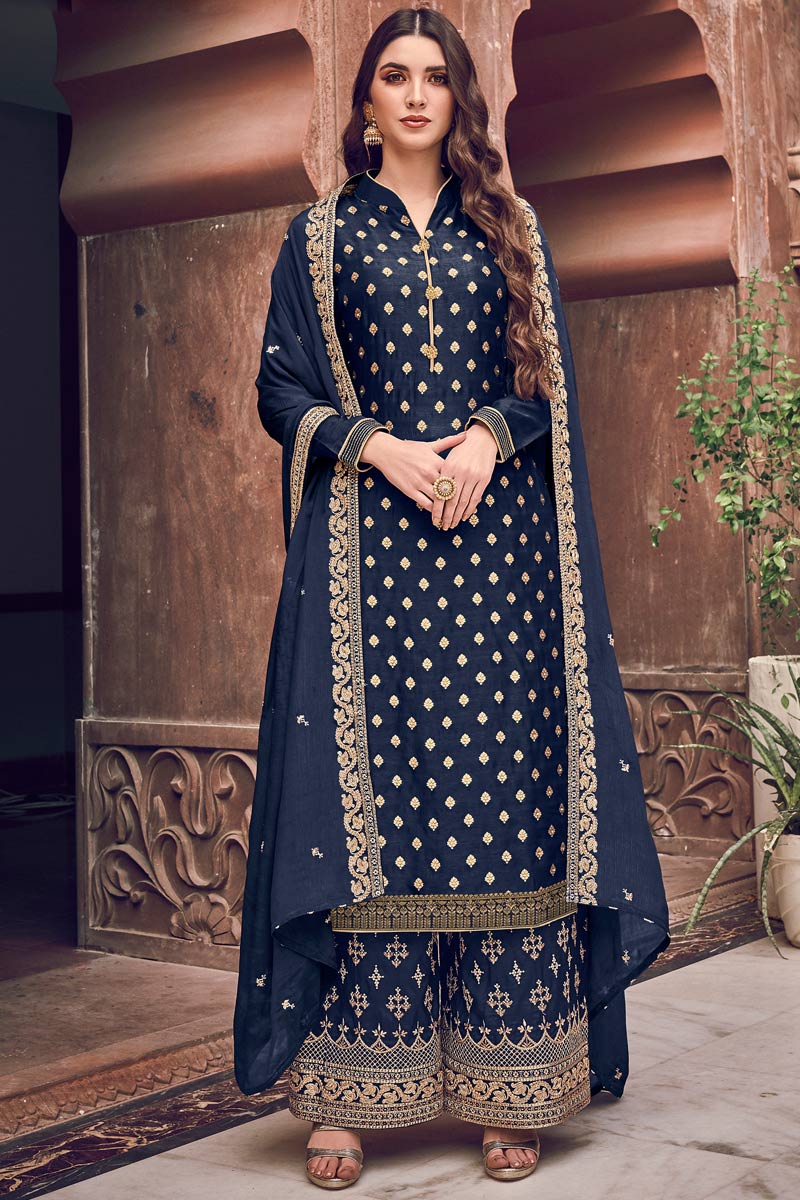 Buy Navy Blue Party Wear Jacquard Palazzo Pant Suit Online