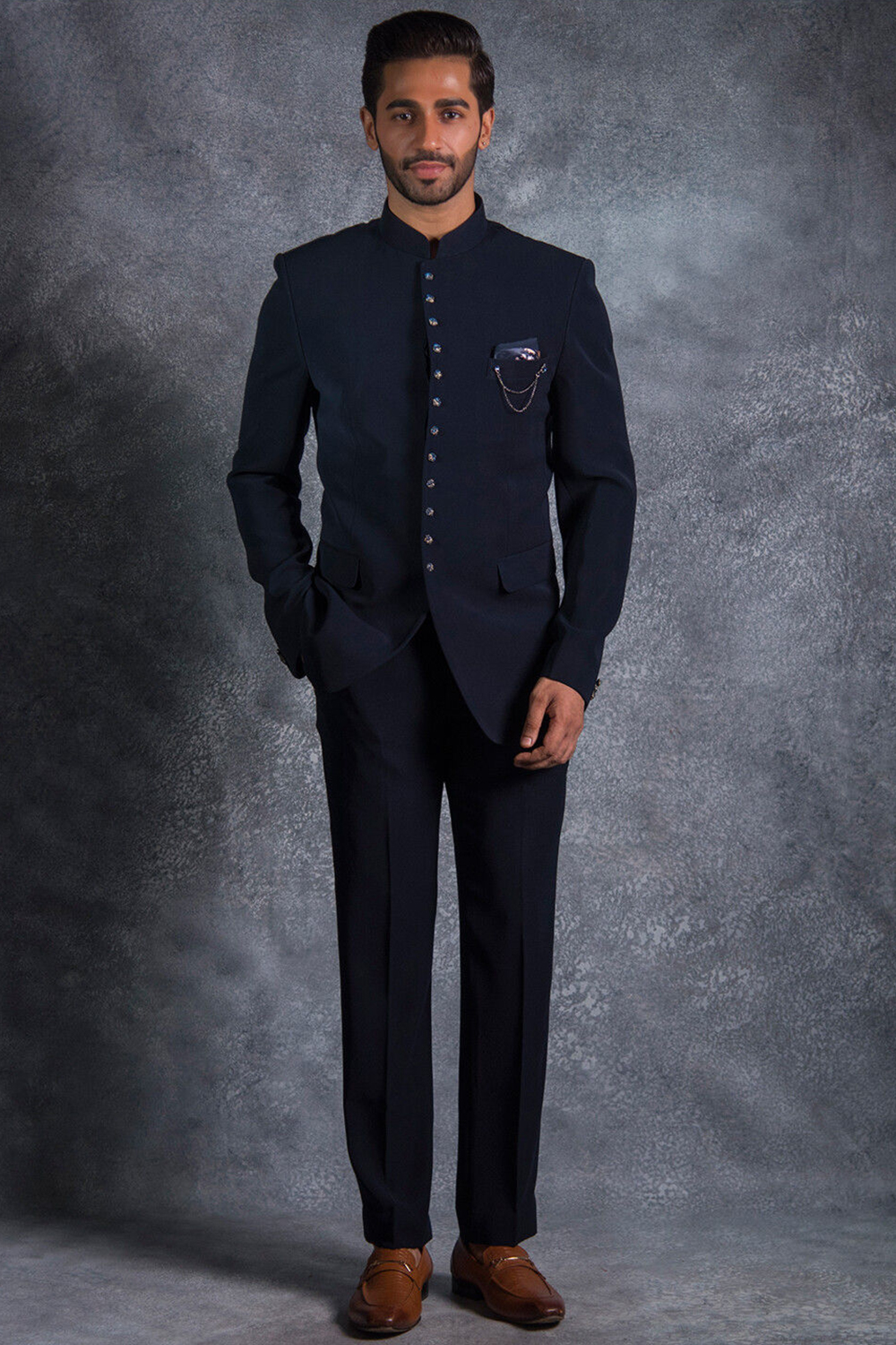 Wedding Navy Blue Coat Pant Navy Blue Jacquard Silk Indo Western