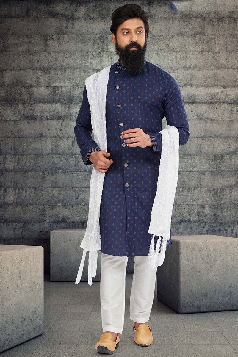 Navy Blue Printed Cotton Indo-Western Men's Sherwani MSTV02809