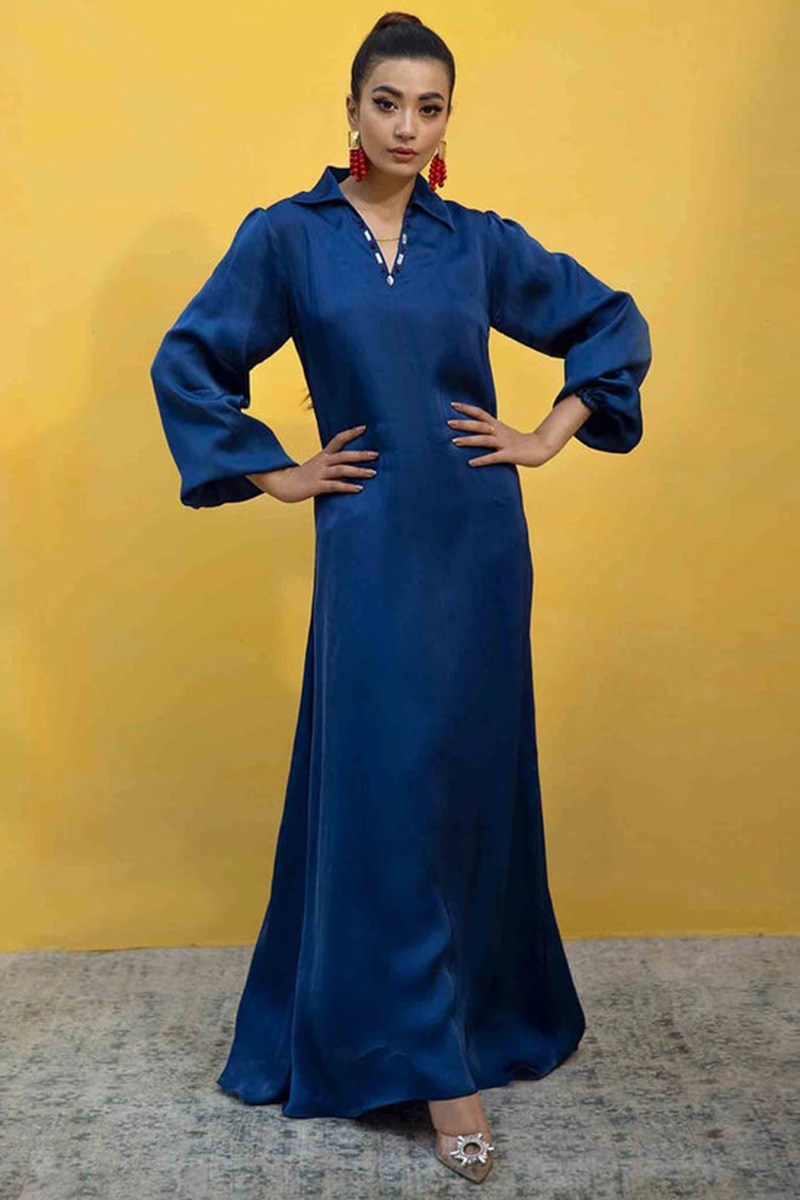 Outlet Navy Blue Satin Gown