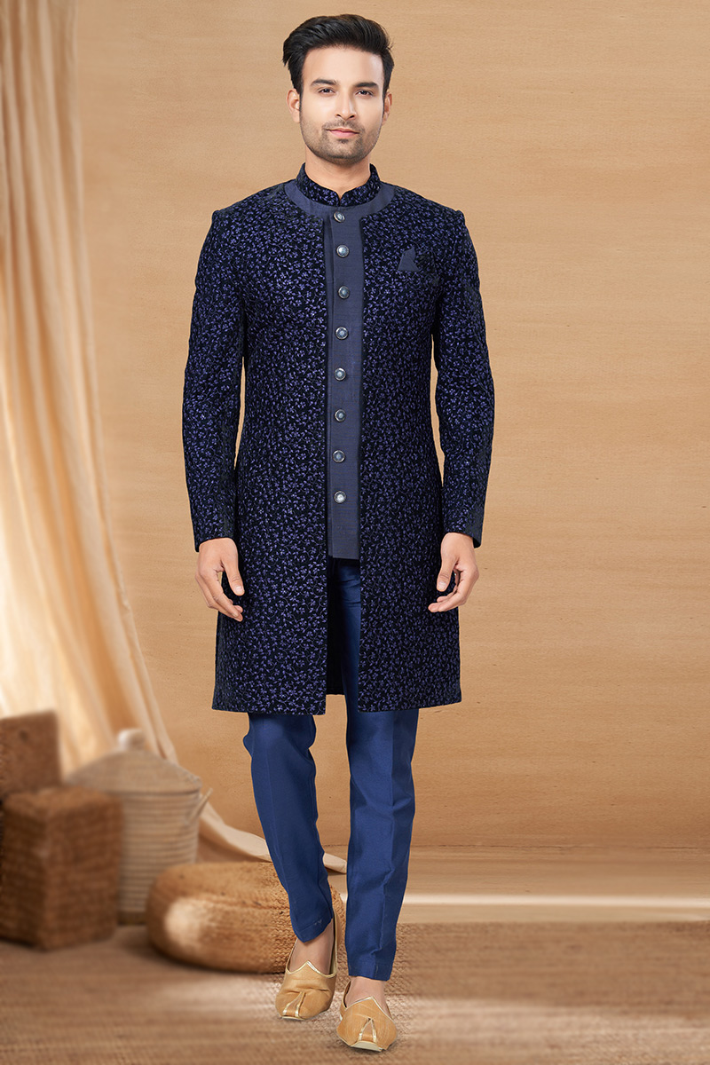 Navy Blue Silk Embroidered Indo-Western Men's Jacket Style Sherwani - Main Image
