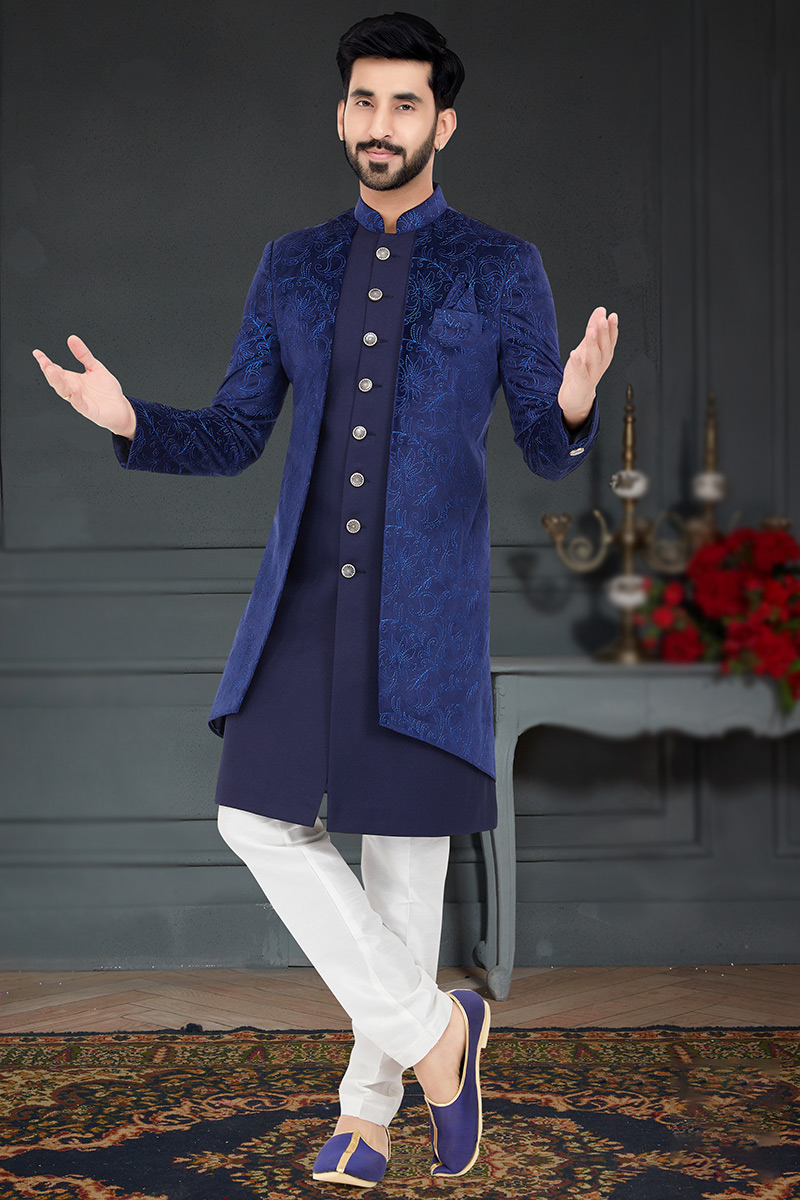 Buy Indian Suits Silk Navy Blue Men Sherwani MSTV0682