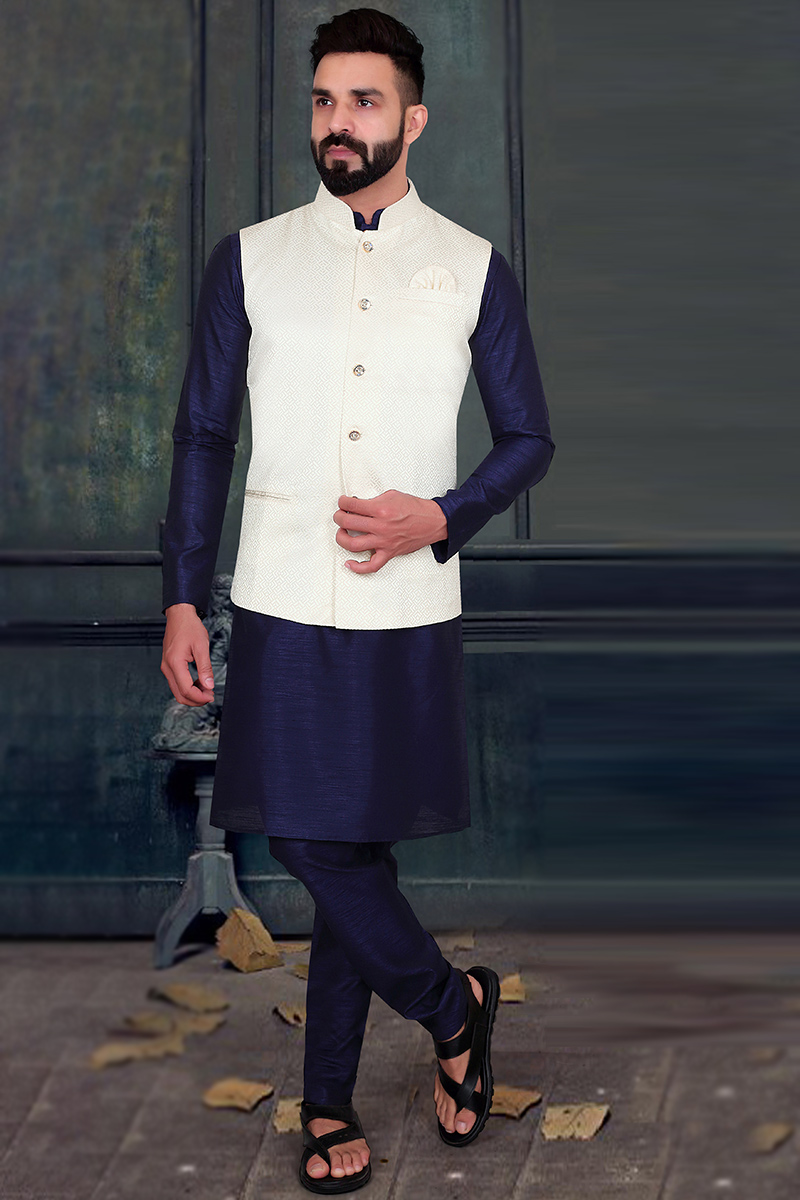 Ethnic Men's Kurta Pajama in Navy Blue With Woven Nehru Jacket