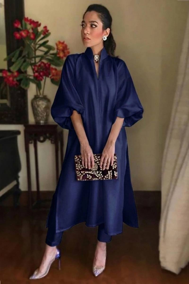 Navy Blue Silk Straight Cut Pakistani Trouser Suit for Eid & Party