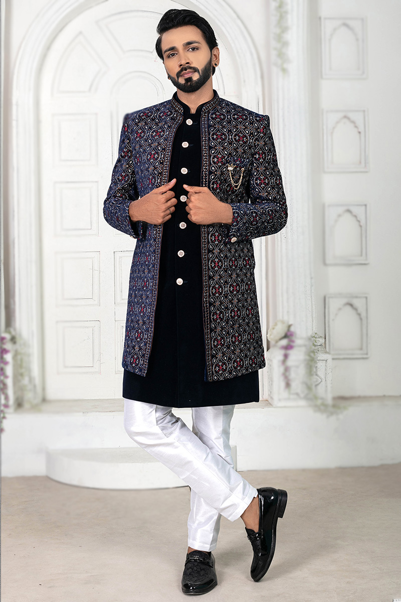 Navy Blue Velvet Embroidered Men's Jacket Style Sherwani MSTV02877