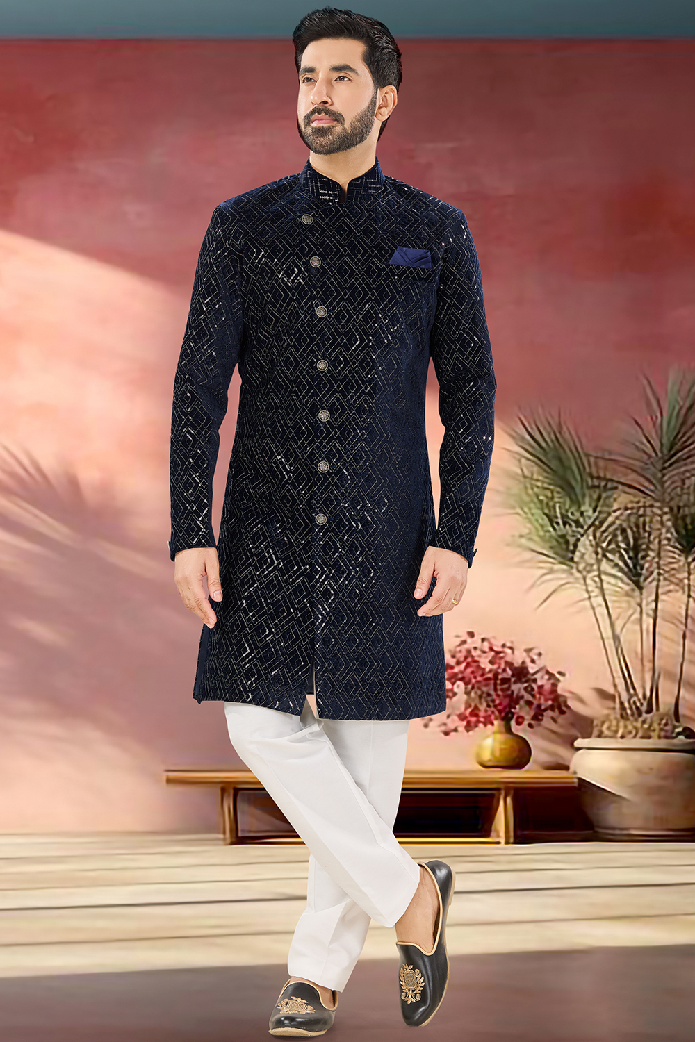 Navy Blue Velvet Embroidered Straight Cut Men's Sherwani MSTV04426