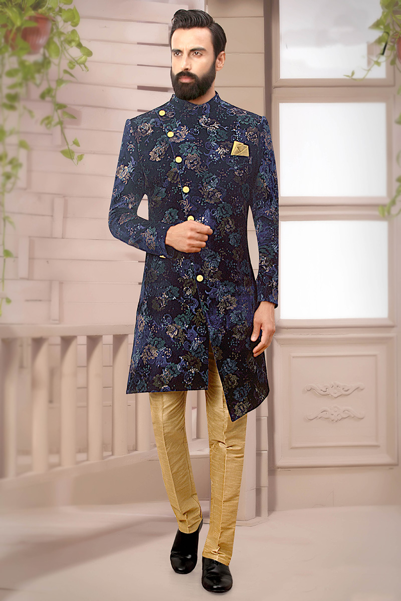Mens Sherwani Navy Blue Velvet Sherwani Fashion Guide Navy Blue
