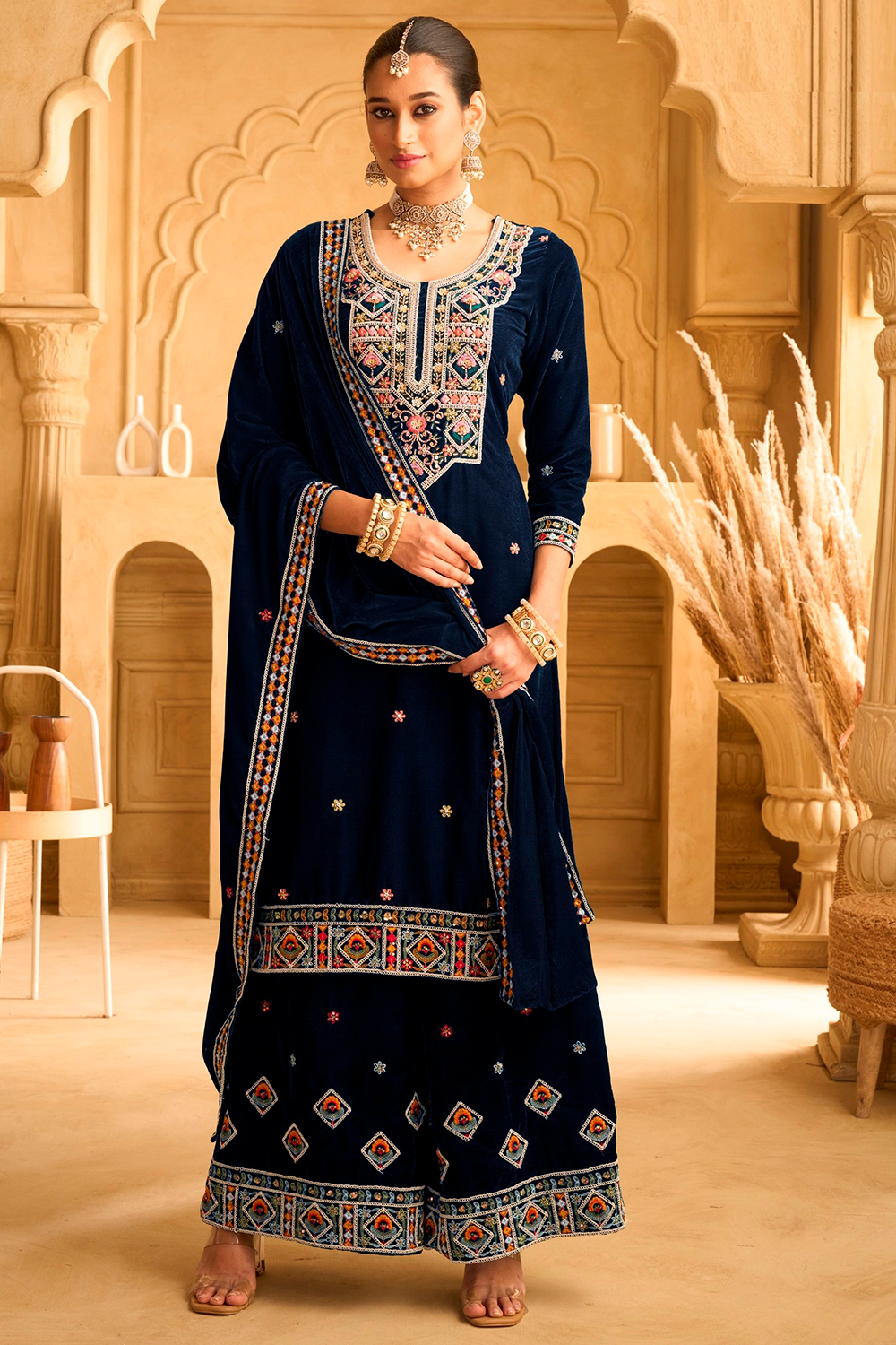 Navy Blue Velvet Palazzo Suit With Dori Work For Festival LSTV139317