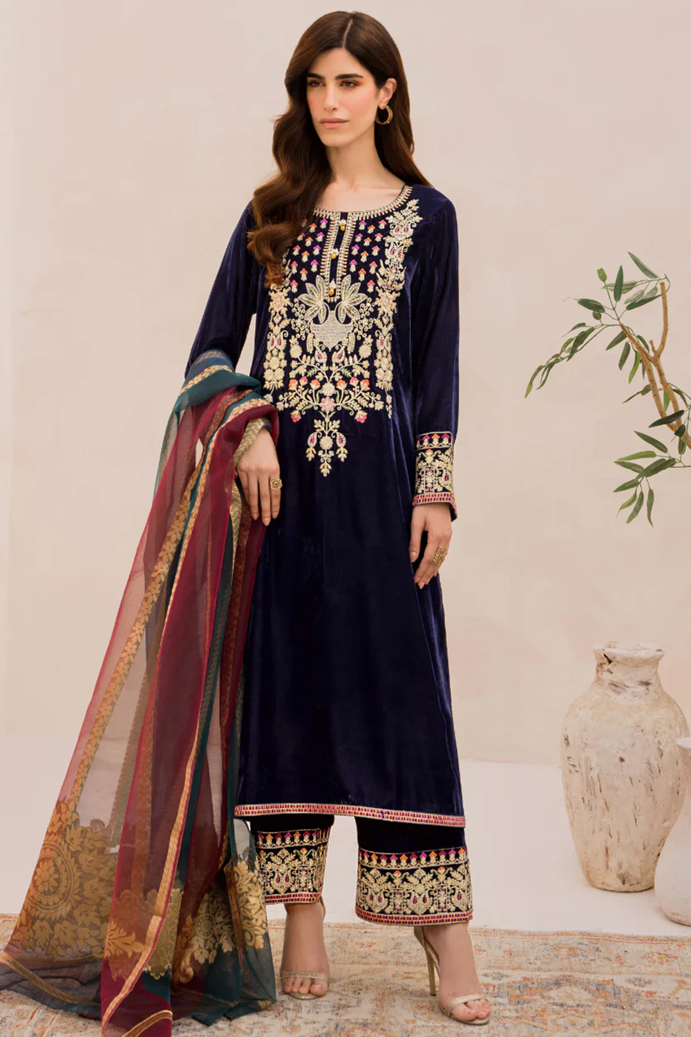 Andaaz Fashion Women's Navy Blue Velvet Zari Embroidered Straight Pant Salwar Suit