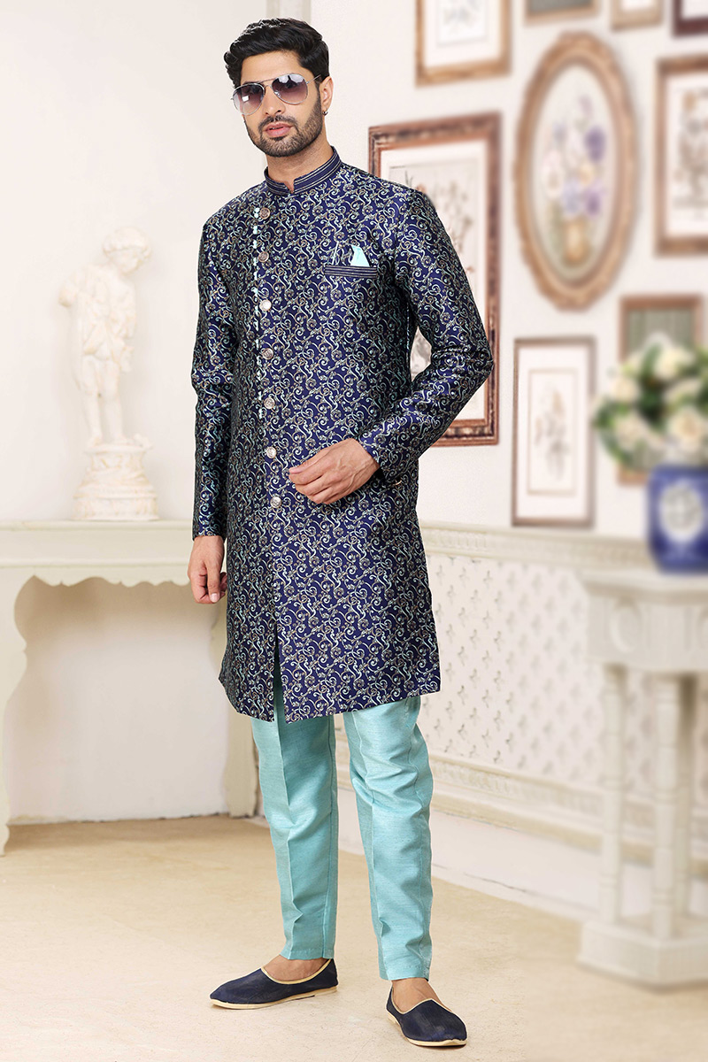 Navy Blue Weaved Thread Jacquard Traditional Men