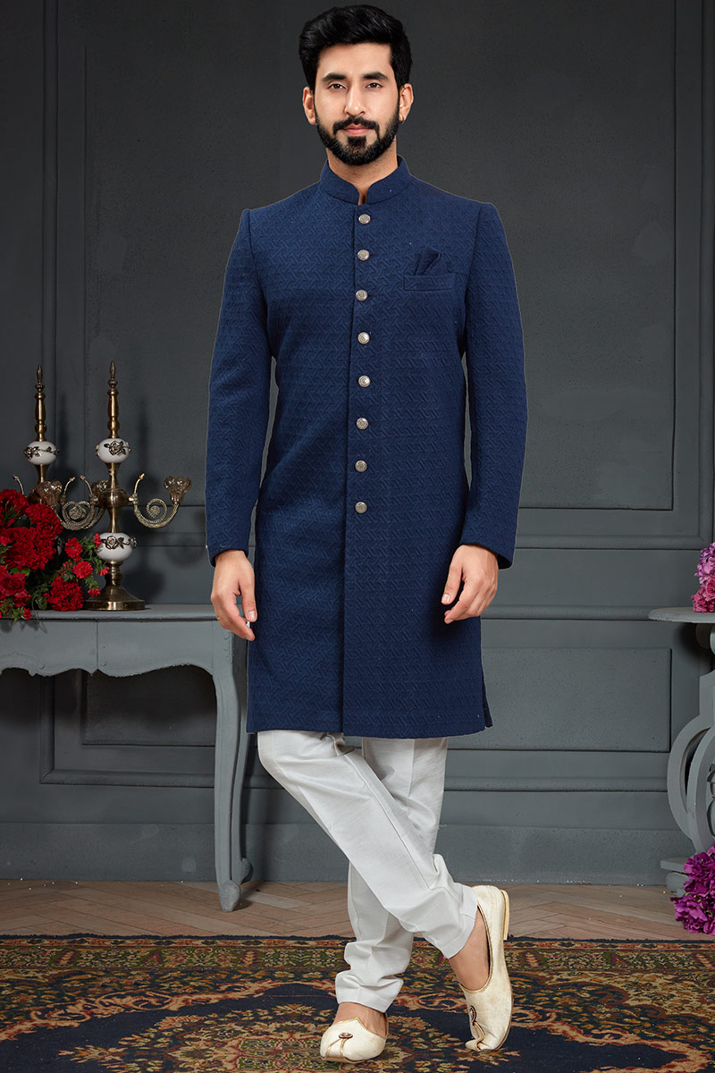 Wedding Dress Navy Blue Woven Jacquard Men Sherwani MSTV01227