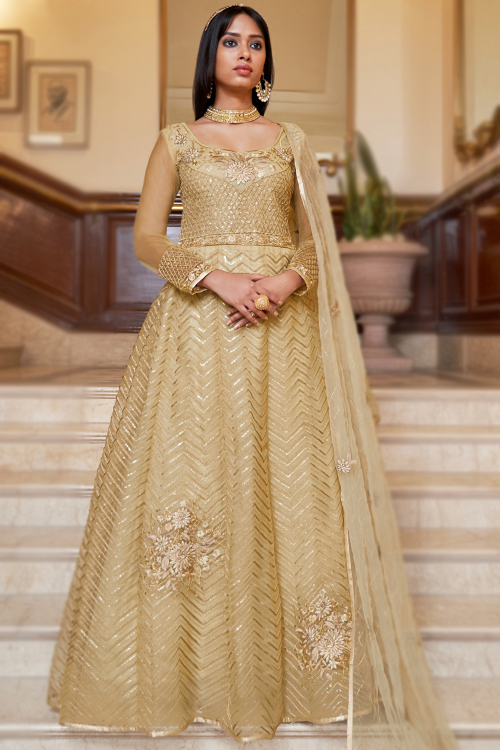 Net Beige Resham Thread Embroidered A Line Anarkali Suit LSTV130330