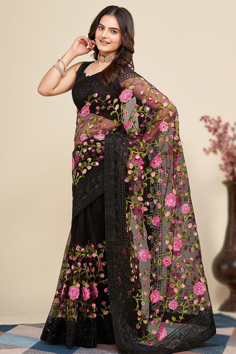Net Black Resham Thread Embroidered Floral Saree SARV163015