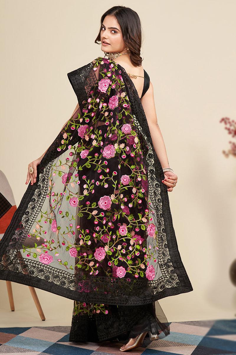 Net Black Resham Thread Embroidered Floral Saree SARV163015