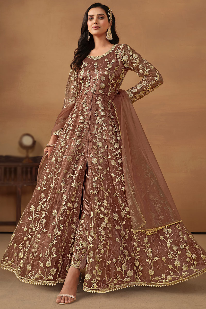 Net Brown Sequins Embroidered Front Slit Anarkali Suit LSTV128640